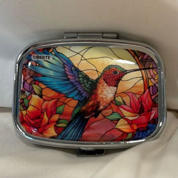 Stained Glass Hummingbird Travel Pill Box 2 Compartment Medicine Pill Case NEW - Picture 1 of 5